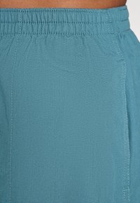 Teal fabric shorts with an elastic waistband, featuring smooth texture and simple stitching detail along the side seam.