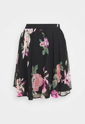 Jupe noire mi-longue avec imprimé floral rose et vert et ceinture élastique, en tissu léger et fluide.