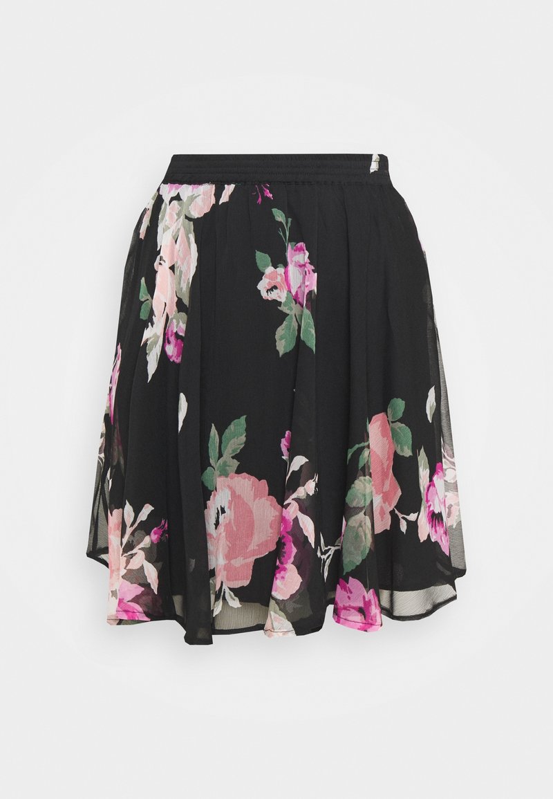 Jupe noire mi-longue avec imprimé floral rose et vert et ceinture élastique, en tissu léger et fluide.