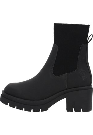 Bottines noires avec des panneaux élastiques sur les côtés, bouts arrondis, talons épais et semelles en caoutchouc texturé. Le matériau semble lisse avec un branding subtil.