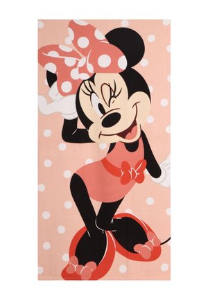 Minnie Maus zwinkert und posiert, trägt eine rosa Schleife mit Punkten und ein Kleid mit passenden Hausschuhen, vor einem rosa gepunkteten Hintergrund.