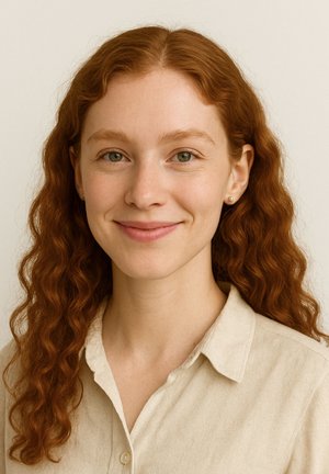Donna con lunghi capelli rossi mossi, che indossa una camicia con colletto beige chiaro. Orecchini d'oro semplici accentuano le sue caratteristiche su uno sfondo neutro.