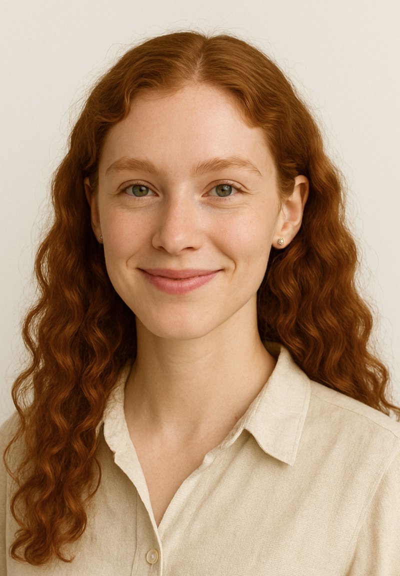 Donna con lunghi capelli rossi mossi, che indossa una camicia con colletto beige chiaro. Orecchini d'oro semplici accentuano le sue caratteristiche su uno sfondo neutro.