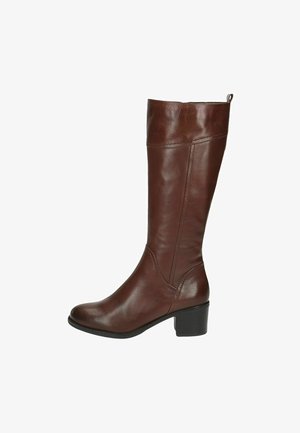 Braune Lederstiefel bis zu den Knien mit leicht abgerundetem Zeh, niedrigem Blockabsatz, Nahtdetails und einer Zuglasche oben für einfaches An- und Ausziehen.