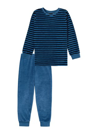 Blue striped long-sleeve shirt with black lines, combined with solid blue fleece pants featuring elastic cuffs at the ankles.