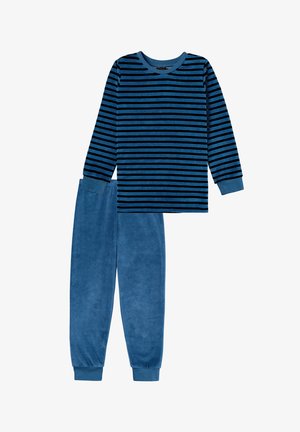 Blue striped long-sleeve shirt with black lines, combined with solid blue fleece pants featuring elastic cuffs at the ankles.
