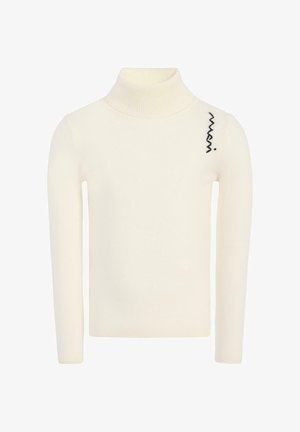 Maglione a collo alto a coste crema realizzato in materiale morbido, con un dettaglio di ricamo a zigzag nero sulla spalla sinistra. Maniche lunghe.