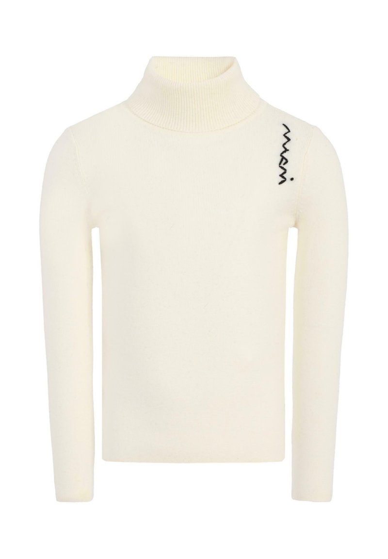 Maglione a collo alto a coste crema realizzato in materiale morbido, con un dettaglio di ricamo a zigzag nero sulla spalla sinistra. Maniche lunghe.