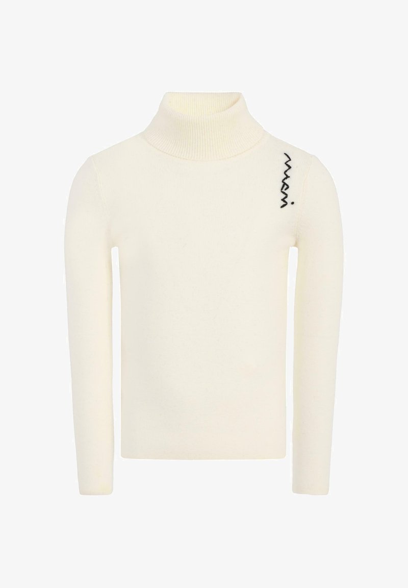 Kremowy sweter z golfem o prążkowanej teksturze, wykonany z miękkiego materiału, z czarnym haftem w zygzak na lewym ramieniu. Długie rękawy.
