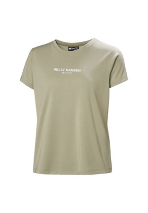 Camiseta de manga corta color verde oliva hecha de una tela suave, con el logo blanco "HELly HANSEN" en el centro. Diseño de cuello redondo sencillo.
