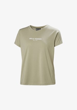 Oliwkowa koszulka z krótkim rękawem wykonana z miękkiego materiału, z białym logo "HELly HANSEN" na środku. Prosty krój z okrągłym dekoltem.