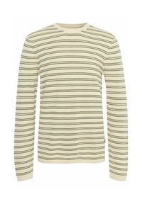 Long-sleeve cream shirt with green horizontal stripes. Round neckline and soft texture, featuring a subtle zigzag pattern in the stripes.