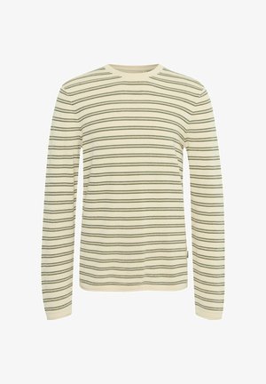 Camisa de manga larga color crema con rayas horizontales verdes. Cuello redondo y textura suave, con un sutil patrón en zigzag en las rayas.