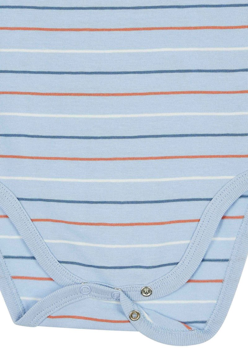 Helles blaues Bodysuit mit horizontalen Streifen in Weiß, Rot und Marineblau. Verfügt über Druckknöpfe am Boden und weichen Baumwollstoff.