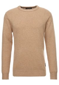 Beiger Strickpullover mit rundem Ausschnitt, langen Ärmeln, strukturiertem Stoff mit dezenten mehrfarbigen Einschlüssen sowie gerippten Bündchen und Saum.
