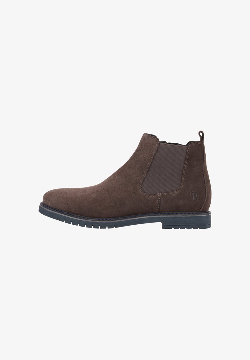 Brune ruskinds Chelsea-støvle med elastiske sidepaneler, rund tå og struktureret finish. Har en kraftig sort gummisål og hælflap.