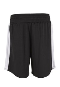 Shorts de sport noirs avec large ceinture élastique et panneaux latéraux blancs, fabriqués en tissu en maille respirant.