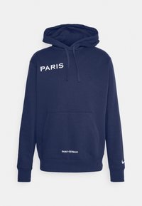 Granatowy hoodie z białym napisem "PARIS" i "SAINT-GERMAIN". Materiał to miękka tkanina, zawiera kieszeń z przodu i kaptur ze sznurkiem.