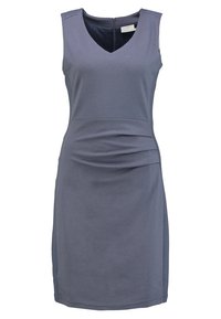 Vestido sin mangas en un tono azul-gris apagado, con escote en V, detalle de fruncido en el costado y textura suave, confeccionado en una tela elástica.