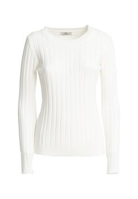 Maglione bianco a maniche lunghe con coste, caratterizzato da un colletto rotondo e dettagli testurizzati sul tessuto, con polsini aderenti alle maniche.
