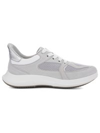 Light gray and white lace-up sneaker with mesh panels, suede overlays, cushioned sole, and metallic silver heel accent.
