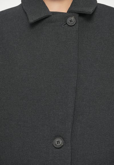 Dunkelgrauer Wollmantel mit zwei schwarzen Knöpfen, einem Kragen und einer Nahaufnahme des oberen Brust- und Halsbereichs.