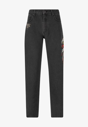 Black denim jeans with a straight-leg design, featuring embroidered floral patterns and text accents on the left thigh.