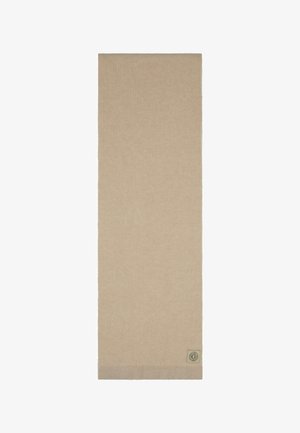 Écharpe beige à côtes fabriquée en tissu doux. Présente un petit logo brodé et un bord texturé légèrement plus épais. Forme rectangulaire longue.