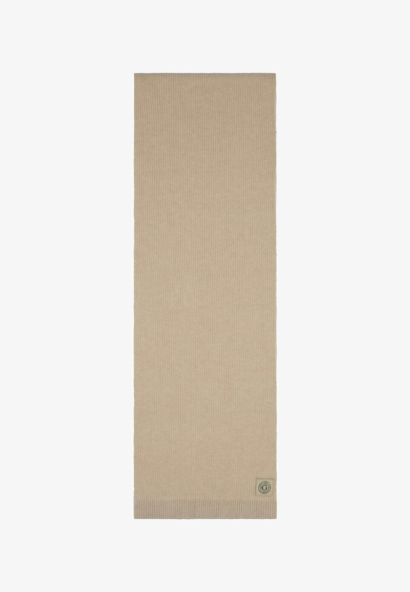Beige pruhovaný šál vyrobený z měkké tkaniny. Má malou nášivku s logem a mírně silnější texturovaný okraj. Dlouhý obdélníkový tvar.