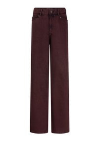 Wijde broekspijpen in diep bordeauxdenim. Voorzien van een knoopsluiting aan de voorkant, riemlussen en een vijf-pocket ontwerp. Soepele, gestructureerde stof.