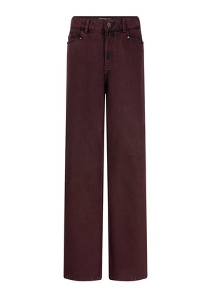 Wijde broekspijpen in diep bordeauxdenim. Voorzien van een knoopsluiting aan de voorkant, riemlussen en een vijf-pocket ontwerp. Soepele, gestructureerde stof.