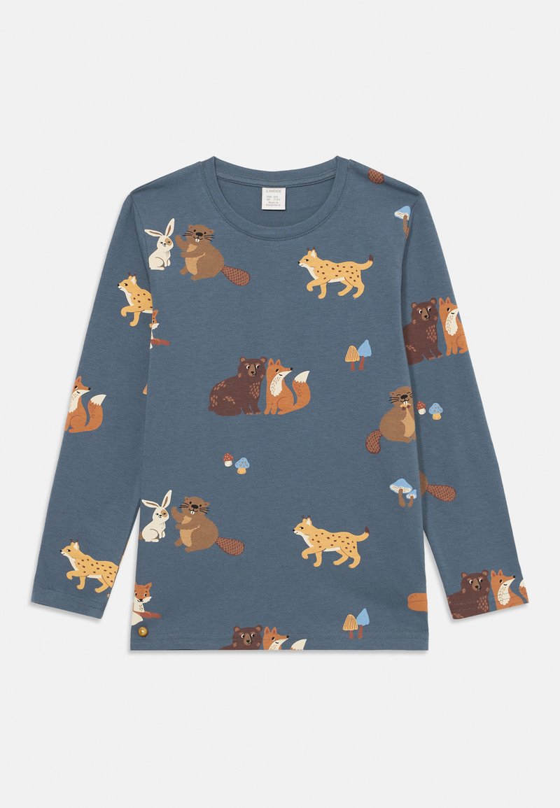 Long-sleeve blue shirt featuring various colorful animal illustrations, including a rabbit, foxes, and bears, along with mushrooms.