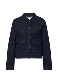 Donkere spijkerjack met knoopsluiting aan de voorkant, twee borstzakken en een klassieke kraag. Het materiaal is stevig met een gladde textuur.
