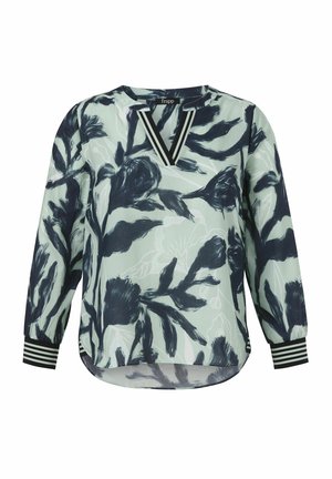 Langärmelige Bluse mit schwarzem und hellgrauem abstraktem Blumenmuster, V-Ausschnitt mit schwarz-weiß gestreiftem Besatz und gestreiften Manschetten.