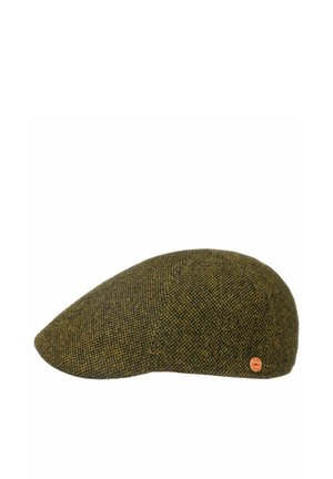 Olive green and brown tweed flat cap with a small round brown and orange logo tag on the side.