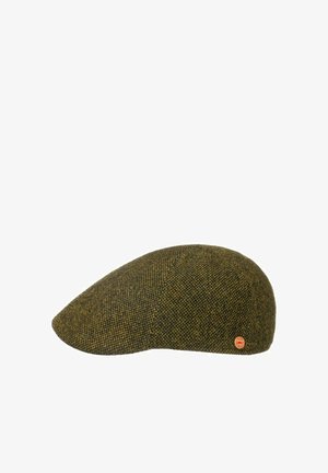 Olive green and brown tweed flat cap with a small round brown and orange logo tag on the side.