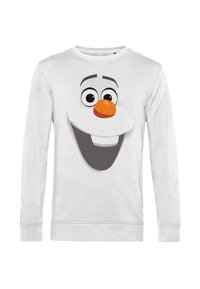 Weißes Langarm-Sweatshirt mit einem Aufdruck des Gesichts einer lächelnden Figur, mit großen schwarzen Augen und einer orangen Karottennase.