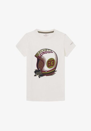 Biały t-shirt z krótkim rękawem z grafiką vintage kasku motocyklowego oznaczoną "Hackett London" i "Est 83" w zielonym i bordo kolorze.