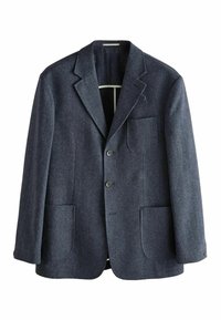 Marineblaues Fischgrätblazer aus strukturiertem Stoff, mit einem Reverskragen, zwei vorderen Taschen und drei Knöpfen auf der Vorderseite.