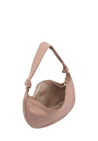 Roze lederen handtas met een ronde vorm, ritssluiting en een enkele geknoopte handgreep. Binnenin gevoerd met een subtiel logopatroon.