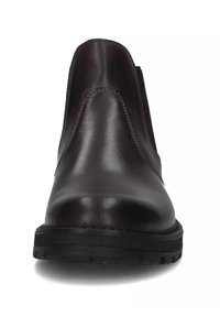 Stivaletti in pelle marrone con texture liscia, pannelli laterali elastici, punta arrotondata e suola in gomma con dettagli antiscivolo.