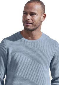 Hellblaues Strickpullover mit strukturierten diagonalen Streifen, Rundhalsausschnitt und lockerer Passform. Glattes Material mit weichem Erscheinungsbild.