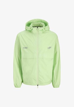 Lichtgroene zip-up jas met capuchon, voorzien van elastische manchetten, een opvallend logo op de borst en een gladde, waterafstotende textuur.
