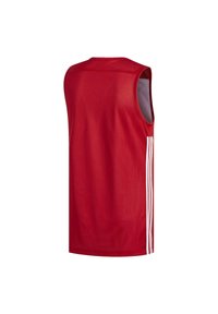 Maillot de sport sans manches rouge en tissu respirant, doté de rayures blanches verticales sur les côtés et d'une texture lisse.