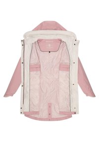 Witte waterdichte jas met een roze gestreepte voering. Inclusief een capuchon, drukknoopsluitingen en binnenzakken. Glad oppervlak.