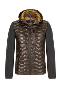 Braune gepolsterte Jacke mit glänzender Oberfläche, grauen Ärmeln, geliner Kapuzenfutter, Reißverschlusstaschen und einem strukturierten Muster auf der Vorderseite.