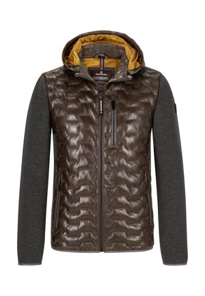 Braune gepolsterte Jacke mit glänzender Oberfläche, grauen Ärmeln, geliner Kapuzenfutter, Reißverschlusstaschen und einem strukturierten Muster auf der Vorderseite.