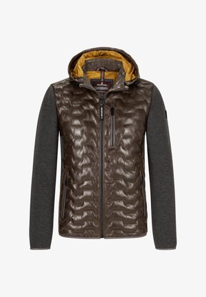 Braune gepolsterte Jacke mit glänzender Oberfläche, grauen Ärmeln, geliner Kapuzenfutter, Reißverschlusstaschen und einem strukturierten Muster auf der Vorderseite.