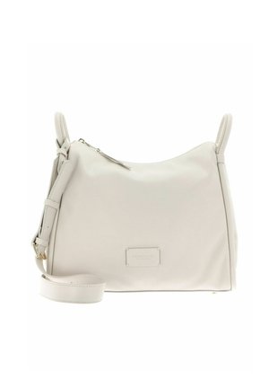 Sac à bandoulière en cuir blanc avec une texture lisse, fermeture éclair, bandoulière ajustable et une étiquette de marque discrète à l'avant.