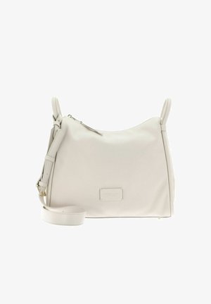 Sac à bandoulière en cuir blanc avec une texture lisse, fermeture éclair, bandoulière ajustable et une étiquette de marque discrète à l'avant.